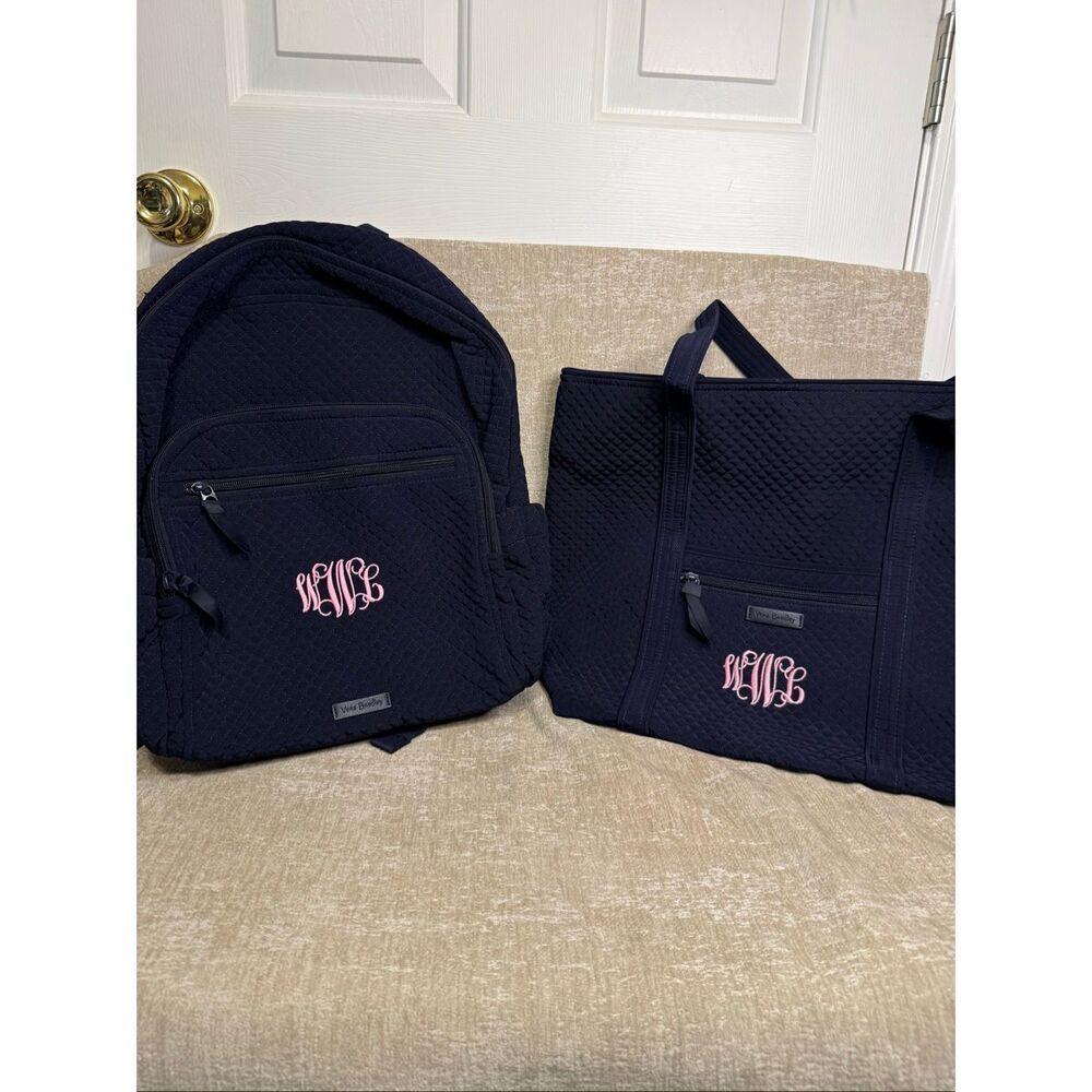 Vera Bradley Womens Quilted Monogrammed Travel Backpack & Tote Bag Set Navy Blue